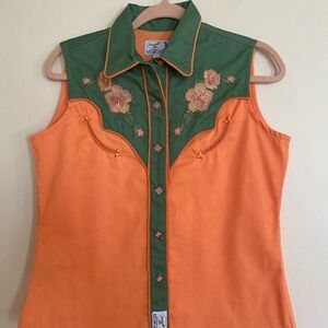 Panhandle Slim Orange Embroidered Western Cowgirl Sleeveless Diamond Snap Shirt